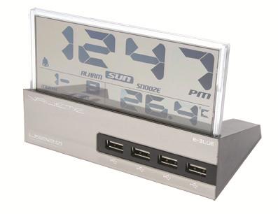 Επιτραπέζιο ρολόι ημερολόγιο ξυπνητήρι με LCD οθόνη Usb Hub E-Blue Ehb033i00 Acier 7PORTS W/Out Power Adapter
