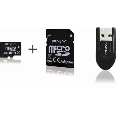 PNY MICROSDHC 4GB MOBILITY PACK NEW/SDU4GBHC4OPTKAD4-EF MicroSDHC Premium 4GB + ADAPTER SD + ADAPTER USB 2.0