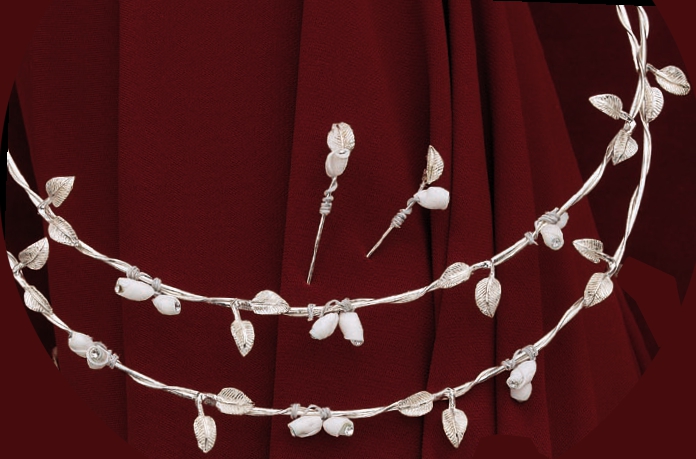 Ασημένια Στέφανα γάμου 925 KS125 σχέδιο μπουμπούκι τριανταφυλλο με φυλλαράκι μαζί με 2 καρφίτσες