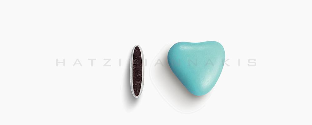 Κουφέτα Χατζηγιαννάκη Σοκολάτας Καρδιά 1102_021 με χρώμα σιέλ, γυαλισμένο - συσκευασία ενός κιλού 1kg - για τις μπομπονιέρες του γάμου σας ή της βάπτισης του παιδιού σας