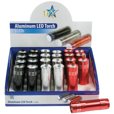 TORCH-L-BOX 04 ALUMINIUM TORCH 24 DIVICES Φακοί αλουμίνιου με 3 LED σε συσκευασία - εκθετήριο 24 τεμαχίων