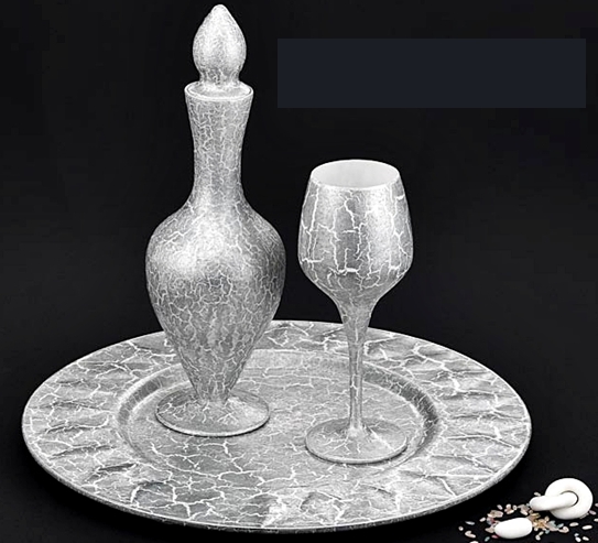 Σετ Γάμου 107 Καράφα - Μπουκάλα σε σχήμα κεριού, Δίσκος & 1 ποτήρι για την Εκκλησία σε ασημί απόχρωση